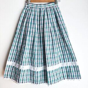 Vintage Check Print Green White Picnic Table Motif Midi Skirt S